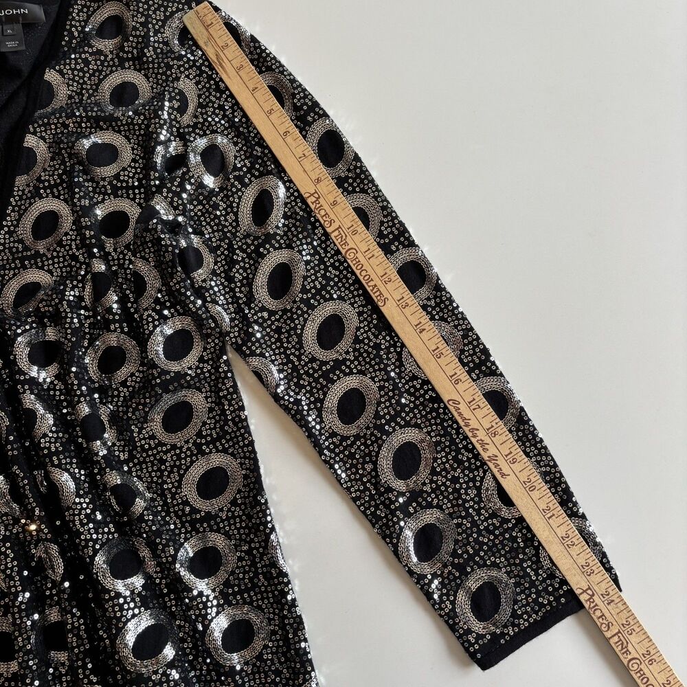 St. John Sequin Cardigan Black Silk Cashmere Merino Wool Sweater Glam XL $482 - Picture 9 of 12
